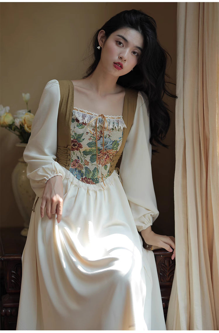 Hobbitcore Contrast Color Corset Dress
