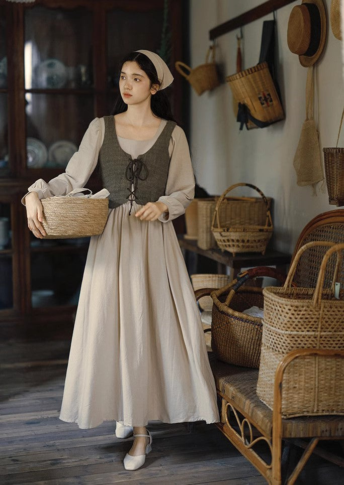 Cottagecore Farm Girl Cotton Dress Vest Set