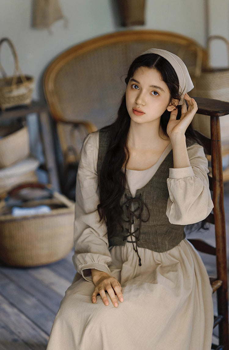 Cottagecore Farm Girl Cotton Dress Vest Set